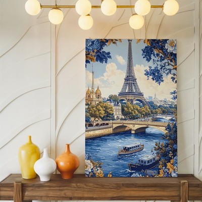 Vintage Paris Canvas Blue And Gold Illustration Of The Eiffel
