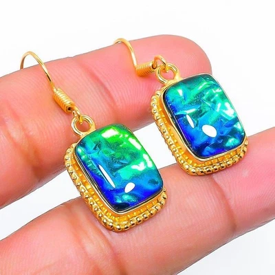 Boucle d'oreille verte triplette opale pierre précieuse argent 925 plaqué... - Photo 1/3