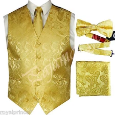 GOLD  XS to 6XL Paisley Tuxedo Suit Dress Vest Waistcoat and Tie & Bowtie Hanky 