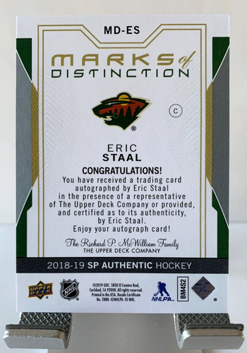 2018-19 SP Authentic Marks of Distinction /25 Eric Staal #MD-ES Wild SSP Auto - Picture 2 of 3