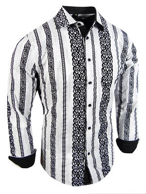 Floral Shirt Raised Velvet Designer Stripe Italian Men Stretch Slim Fit Button