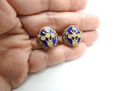 Signed Lisner Blue Glass Rhinestone Floral Motif Screw Back Earrings Antique
