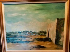 - Framed Painting of Houses on the Seaside Signed  J Rodger Great Summer Picture