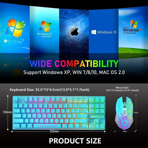 Wireless Gaming Keyboard and Mute Mouse Combo 87 Key Rainbow LED Backlit + Mat - Picture 2 of 15