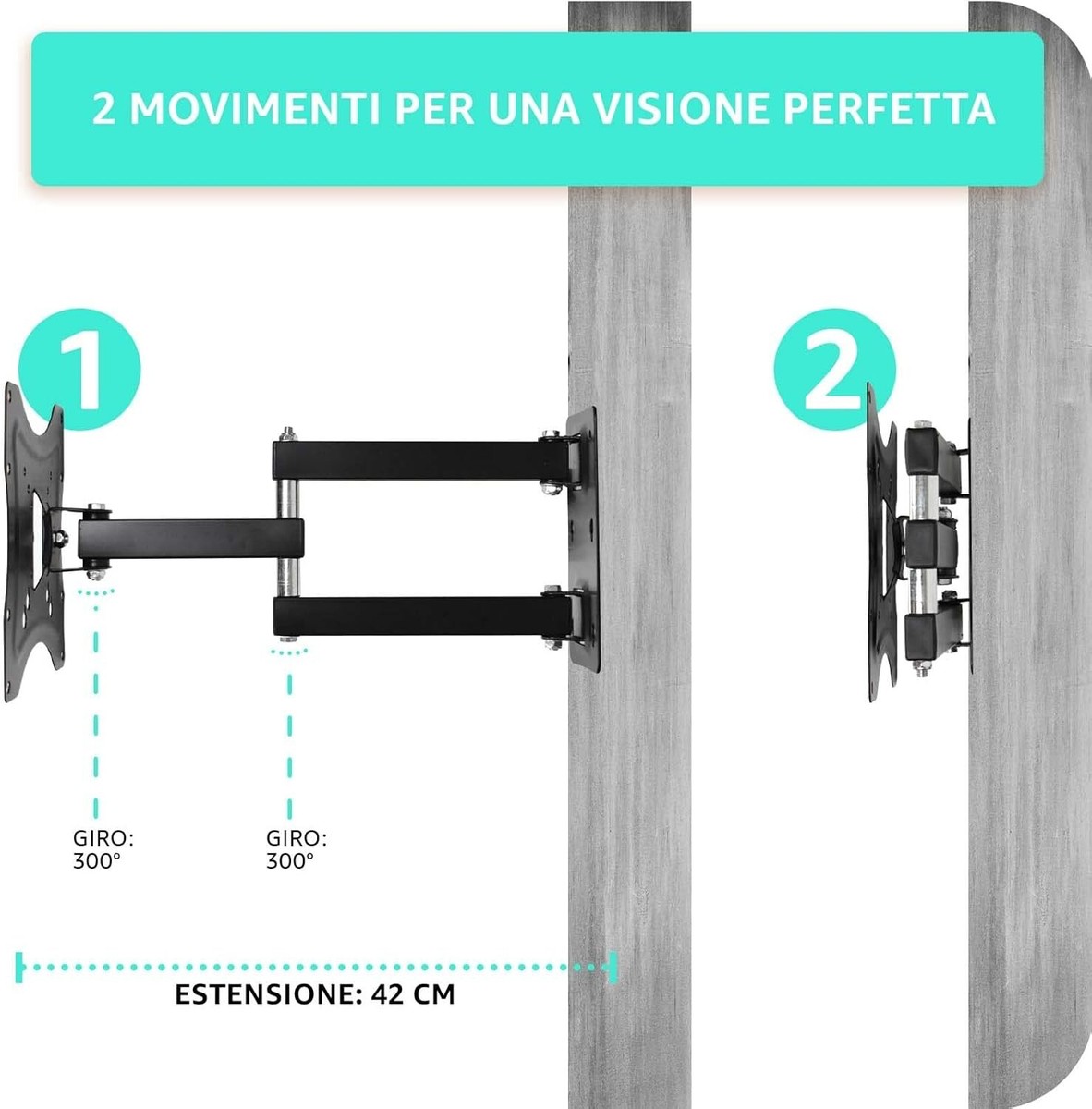 Staffa TV Parete PERLESMITH Per 13-42" - Orientabile, Estendibile, VESA 200x200, 20kg - Foto 4