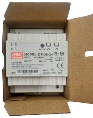 Mean Well DR-30-24 Power Supply Input 100-240VAC 1.1A Output 24V 1.5A 50/60HZ