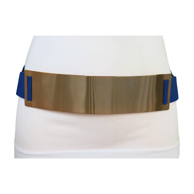 #ad Women Blue Elastic Waistband Trendy Hot Belt Hip High Waist Gold Metal Plate S M $12.55