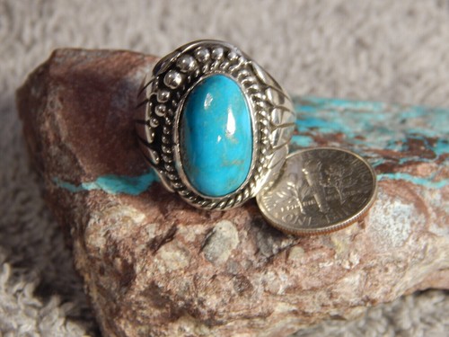 Bisbee Turquoise Sterling Silver Mens Ring by Navajo Russell Sam Size 8 1/4 - Picture 5 of 7