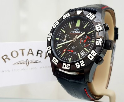 Neu ROTARY AQUASPEED Herrenuhr Schwarz Leder Chronograph GESCHENK für Ihn UVP280 