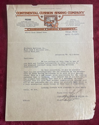 Vintage 1927 Continental Cushion Spring Co Chicago Illinois IL Letterhead Paper
