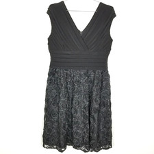 ADRIANNA PAPELL Women  Black V-Neck Pleated Bodice Rosette Soutache Dress Sz 14W