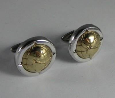 Vintage B.A.B. Ballou Sterling Silver & Gold World Map Round Cufflinks