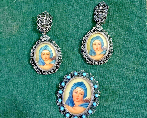 Damen Antik Nachlass 3 Stck. 800 Mark Silber Filigran Porträt Ohrring Brosche Set - Bild 7 von 11