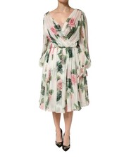 Dolce & Gabbana Floral Rose Ivory Silk Blend Longsleeve Women's Dress Authentic