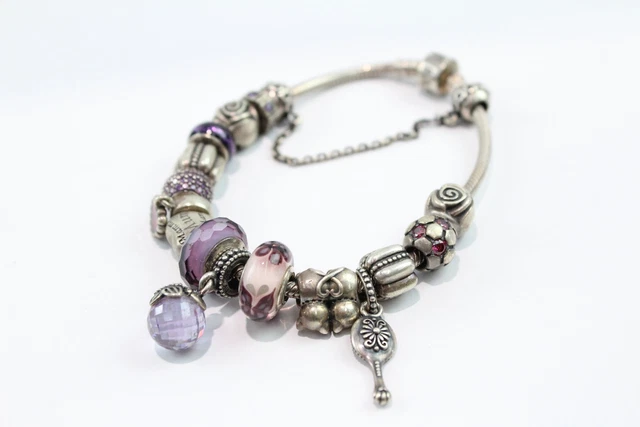 02 Pandora Sterling Silver Charm Bracelet Glass Stone Set Heart (60g)