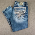 Rock Revival Jeans Men's 34 Daxton Straight Leg Distressed Embroidered Blue