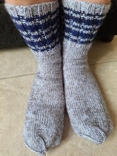 Hand knitted 100 wool/mohair socks, light blue/gray with navy, sizes 11-13