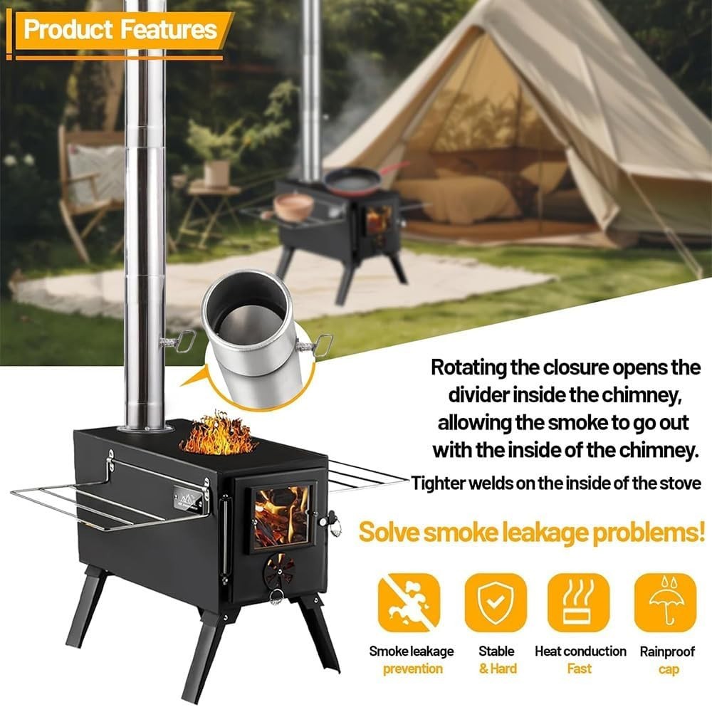 Stufa A Legna Portatile SLSY Per Tenda – 7 Canne Fumarie + Guanti Inclusi – Acciaio Inox - 3