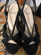 Impo Black/Beige Paisley Slingback Wedge Open Toe Fabric Heels Bow Straps 7.5