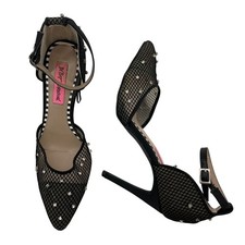 Betsey Johnson Size 9 Black Mesh Rhinestone d'Orsay Ankle Strap Stiletto Heels
