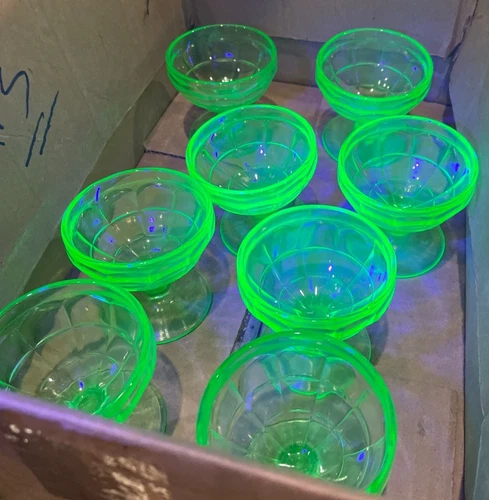 8 VTG Uranium Glass Anchor Hocking Block Optics Depression Glass Dessert Dishes