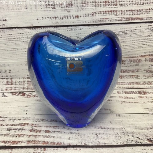 Blenko Cobalt Blue And Clear Heart Shaped Glass Vase 4.5"