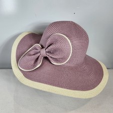 Women's Large Purple White Straw Floppy Hat w/Bow-Beach-Easter-Church One Size