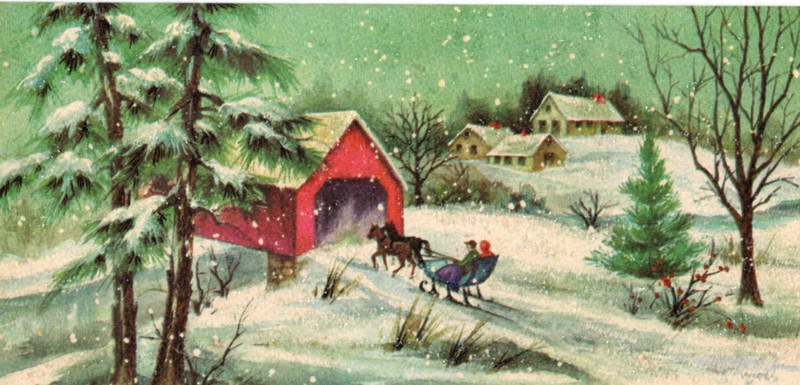 Vtg MCM Atmospheric Sleighride Covered Bridge Christmas Greeting Card Atomic Mod