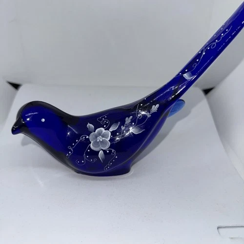 Fenton Long Tail Bird Cobalt Blue w/White Flowers- Signed/No Sticker