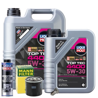 Motoröl 5W30 LIQUI MOLY Top Tec 4400 6L+MANN Ölfilter+Spülung+Ölablassschraube
