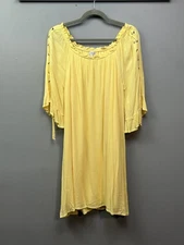 Naif Dress Womens Large Yellow Bell Sleeve Boho Tunic Lace Up Rayon Flowy Summer