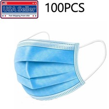 Blue 100 Pcs Disposable Face Masks 3-Ply Non Medical Surgical Earloop Adult FAST