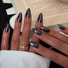 Black Press on Nails Almond - Medium Fake Nails with Pack of 24 Chrome Black