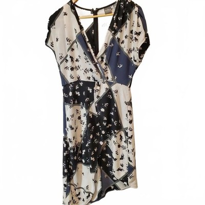 SOHO NEW YORK & CO Black White Gray Color Block Print Wrap Dress  Asymmetric Hem