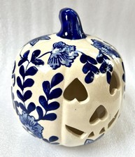 Martha Stewart? Ceramic Blue White Jack-o’-lantern Lighted Candle Holder 9”