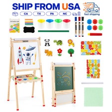 Natural Wood Foldable Kids Easel Adjustable Height Whiteboard Chalkboard Gift