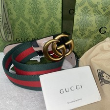 Auth Gucci Web Green/Red Canvas Brown Leather Gold Double G Buckle Belt 80/32
