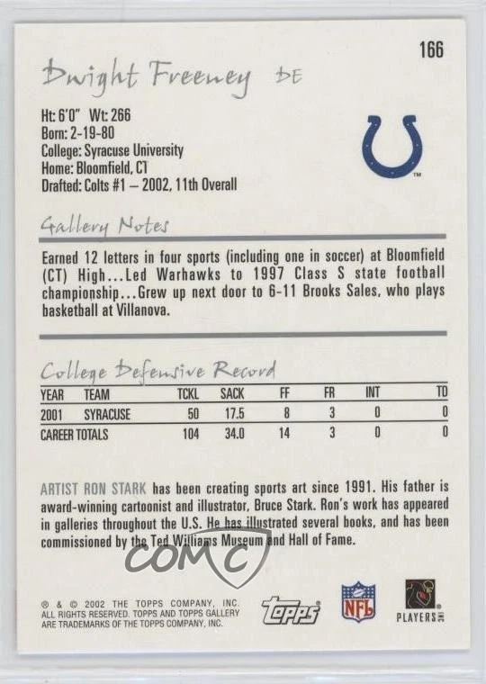 2002 Topps Gallery Dwight Freeney #166 Rookie RC HOF - Image 2 of 3