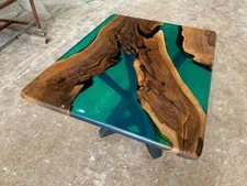 Custom Order Walnut Wood Round Edge Square Emerald Green Epoxy Table Top Decor