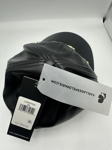 NWT Karl Lagerfeld Paris Hat Black Faux Leather Multiple Signature Embellishment - Picture 3 of 10