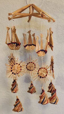 Vtg Scandinavian Christmas Straw Mobile of Ships/Stars/Trees - Approx. 22'' Long