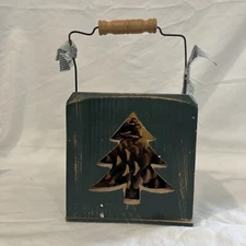 Wood Decor Box With Handle Pine Tree 5 In Tall 5 In Wide Rustic Christmas Decor