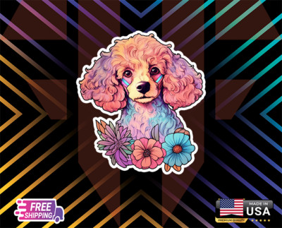 Dog beautifull Poodle-With-Flowers-sticker+Laminated wall laptop etc, FreSticker