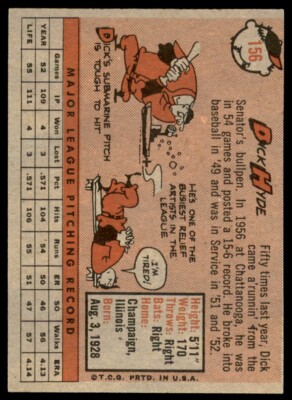 1958 Topps Dick Hyde Washington Senators #156 EX+ | eBay