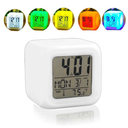 Cubo Orologio Sveglia Digitale Con Luce LED Multi Colore Termometro Data  Bianco | eBay