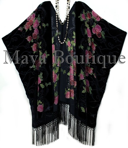 Teerosen Kaftan Kimono Burnout Samt schwarz rot & rosa hergestellt in den USA Maya Matazaro - Bild 8 von 11