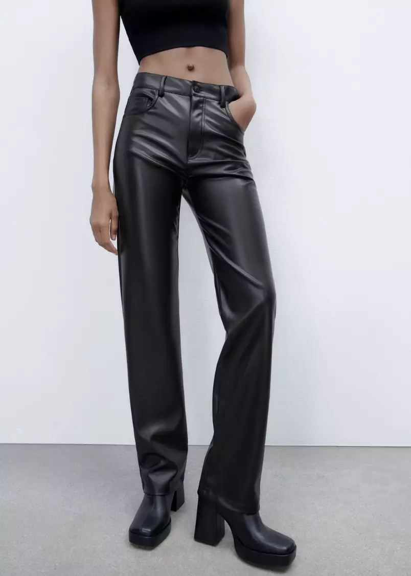 ZARA NEW WOMAN FULL LENGTH FAUX LEATHER STRAIGHT LEG PANTS BLACK 4387/203  L-XL