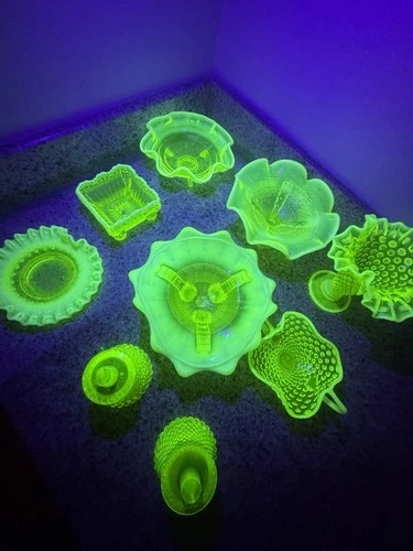 Northwood Uranium Glass Lot Vaseline Ruffled Bowls Candle Holders Fenton UV 9pz
