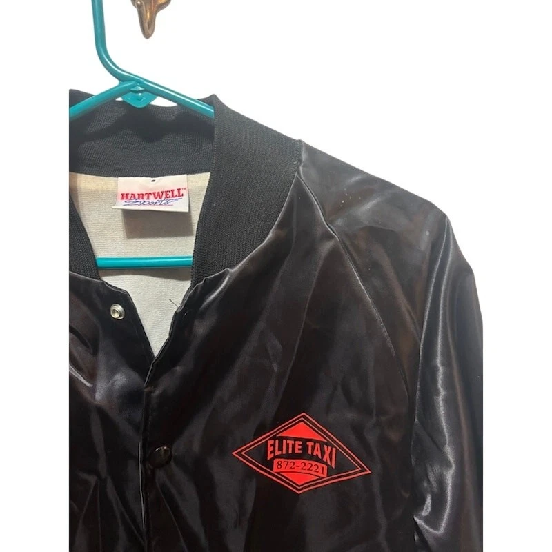 Vintage Satiny Nylon Elite Taxi Jacket VTG Black Coat Orange Logo Lined Small - product detail image 3