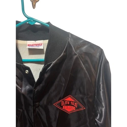 Vintage Satiny Nylon Elite Taxi Jacket VTG Black Coat Orange Logo Lined Small image 3